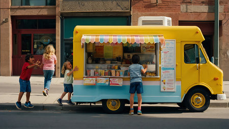 Unidentified children buy ice cream in Melbourne.の素材