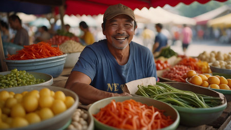 Vietnamese man selling vegetables at a market in Hoi An, Vietnamの素材