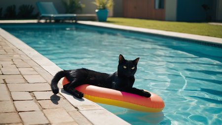 Black cat in swimming pool with inflatable ring and sun loungerの素材