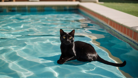 Black cat sitting in the swimming pool. Shallow depth of field.の素材