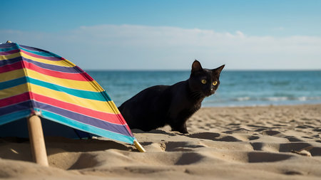 Black cat sitting on the beach with umbrella and parasol in the backgroundの素材