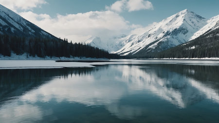 Mountain lake with snow and reflection in Jasper National Park, Alberta, Canadaの素材