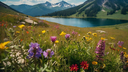 Mountain landscape with wildflowers and alpine lake in summerの素材