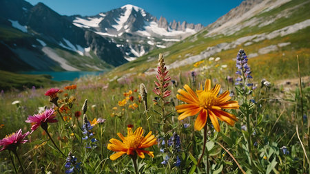 Wildflowers on the alpine meadow with mountains in backgroundの素材