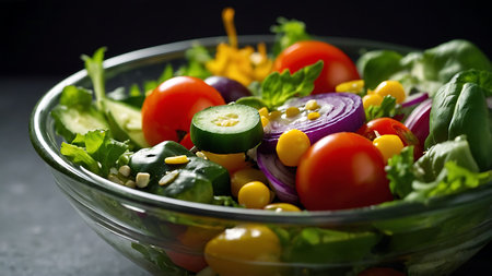 Fresh vegetable salad with tomatoes, cucumber, onion, lettuce and sesame seeds in glass bowl on black backgroundの素材