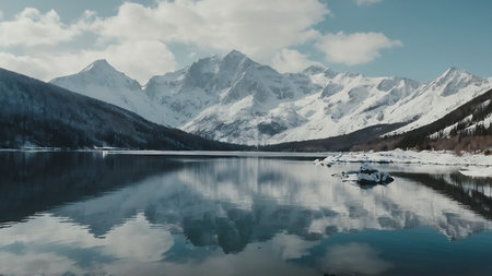 Panoramic view of the snow-capped mountains and the lakeの素材