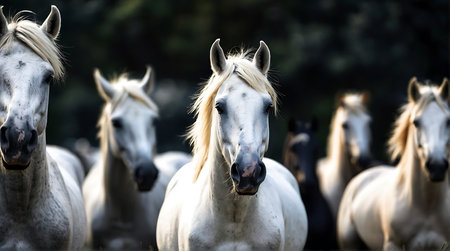 Herd of white horses in a meadow on a sunny dayの素材