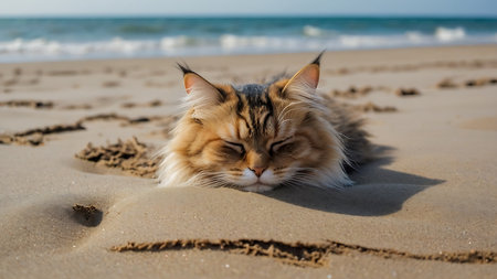 Siberian cat lying in the sand on the seashoreの素材