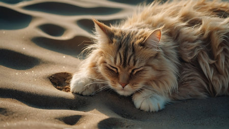 Siberian cat sleeps on the sand. Fluffy pet.の素材