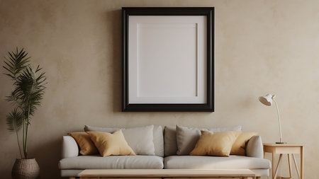 Mock up poster frame in modern living room interior, 3d renderの素材