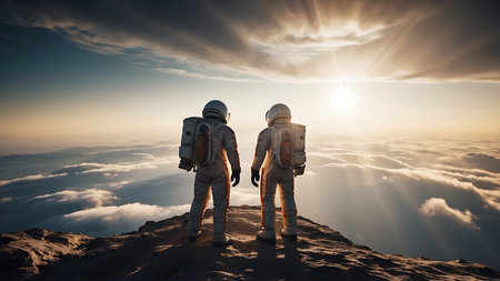 Astronaut and his friend on the top of a mountain.の素材