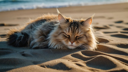Siberian cat lying on the sand on the seashoreの素材