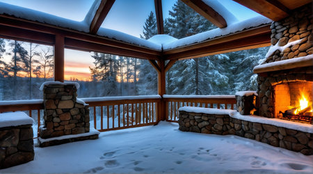 Beautiful winter landscape with wooden deck and fireplace in the cottage.の素材