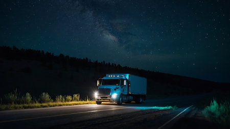 Long exposure image of a truck on the road at night. Long exposure photography.の素材