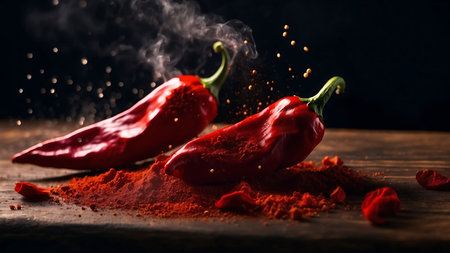 Red hot chili peppers on a wooden table with flying paprika powderの素材