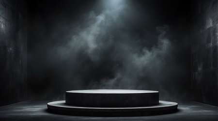 Black pedestal in dark room with smoke and fog. 3d renderingの素材
