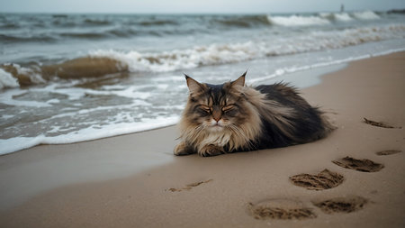 Beautiful long haired siberian cat on the beach.の素材