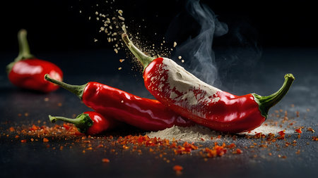 Red hot chili peppers and powder on black background with copy space.の素材