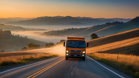 Truck on the road in the mountains at sunrise. Beautiful landscape.の素材