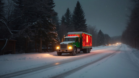 truck with christmas lights on the road in the winter forestの素材
