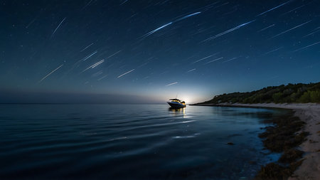 Beautiful starry night over the sea. Long exposure photography.の素材