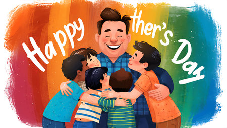 Happy father's day greeting card. Vector illustration of happy father with his children.の素材