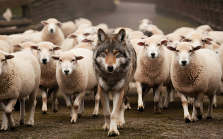 Flock of sheep in a farm, looking at the camera.の素材