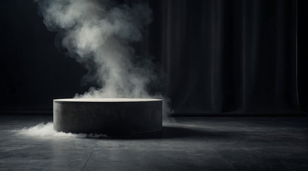 Black podium in dark room with smoke. Mock up, 3D Renderの素材