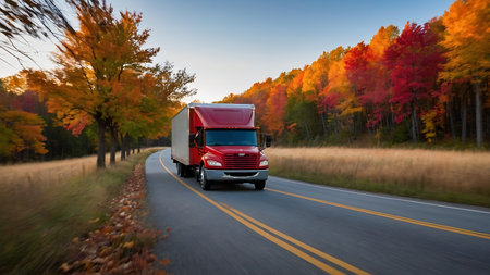 Truck on the road with autumn forest in the background. Freight transportation.の素材
