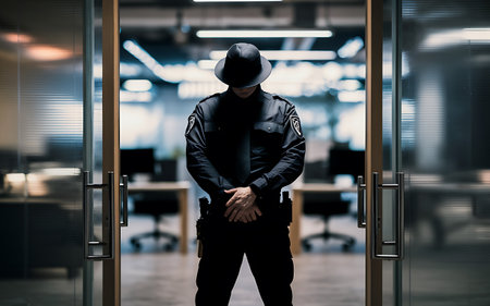 Security guard in uniform standing at the entrance to an office building.の素材