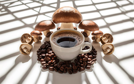 Cup of coffee with coffee beans and mushrooms on a white backgroundの素材