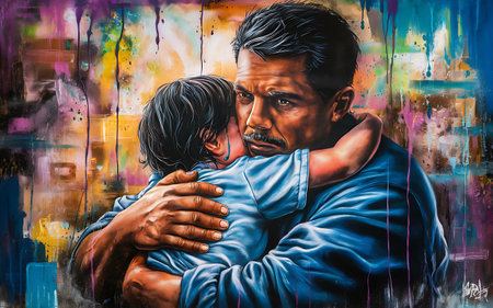 Portrait of a father and son hugging each other in front of graffiti.の素材
