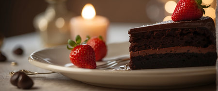 Chocolate cake with strawberries on a plate on a wooden table.の素材
