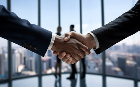 Close up of business people shaking hands against view of skyscrapersの素材