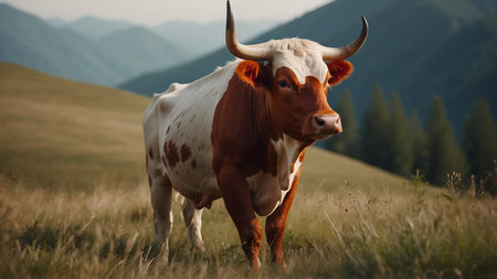 Cow on a meadow in the mountains. Cows graze in the mountains.の素材