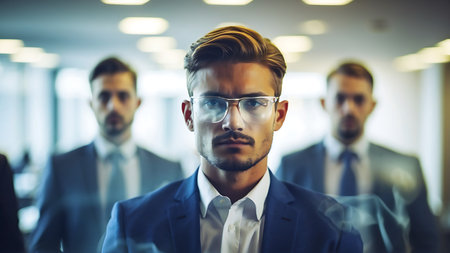 Portrait of confident businessman looking at camera while standing in office.の素材