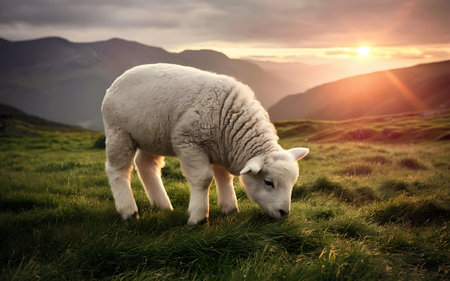 Sheep in the meadow at sunset in Scotland, UK.の素材