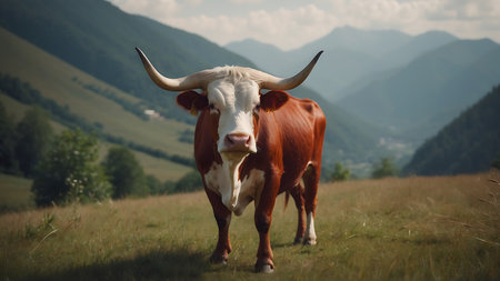 Beautiful cow on the meadow in the mountains in summer.の素材