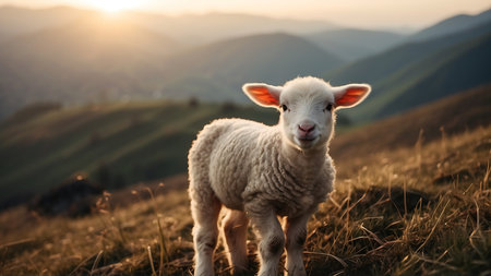Sheep in the mountains at sunset. Cute lamb on the meadowの素材