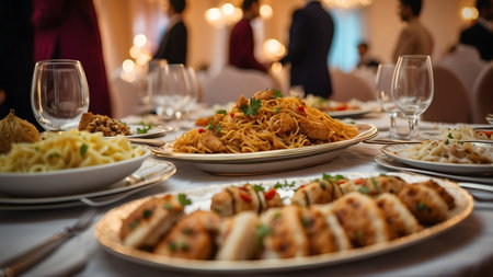 Spaghetti with meatballs on the table at the wedding party.の素材
