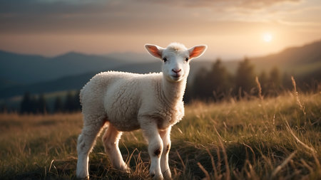 Cute little lamb in the mountains at sunset. Rural scene.の素材