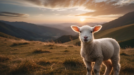 Sheep in the mountains at sunset. Beautiful nature landscape with sheep.の素材