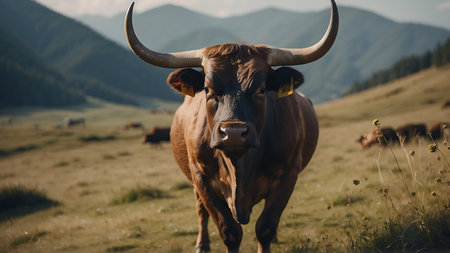 Brown cow in the meadow with mountains in the background at sunsetの素材