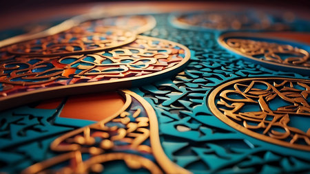 Arabic pattern on a blue background. Shallow depth of field.の素材