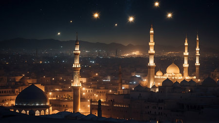 Night view of the mosque in Hurghada city, Egypt.の素材
