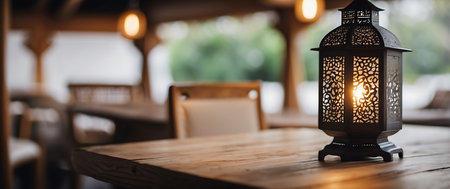 Lantern on wooden table in coffee shop, vintage style.の素材