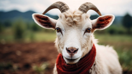 Portrait of a white goat with a red scarf on the farmの素材