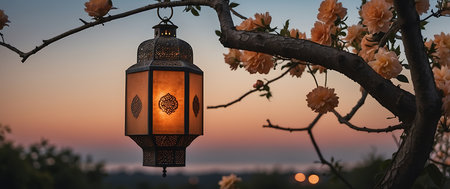 Beautiful vintage lantern on the background of the setting sun. Selective focus.の素材