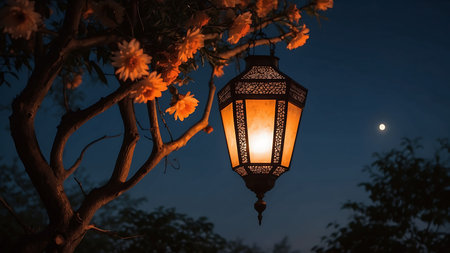 Lanterns on a tree with flowers in the night.の素材