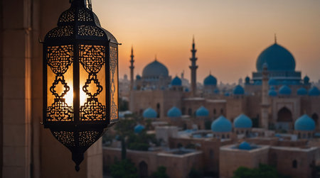 Lantern in front of mosque at sunset, Ramadan Kareemの素材